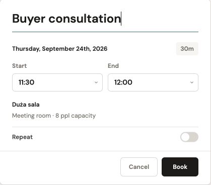 Venuo booking form with a title, room capacity and start and end times